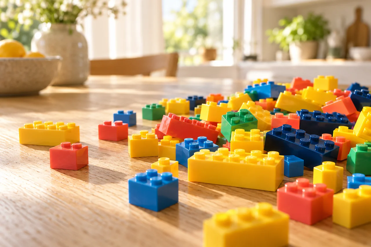 Colourful loose construction bricks on a sunlit wooden table.
